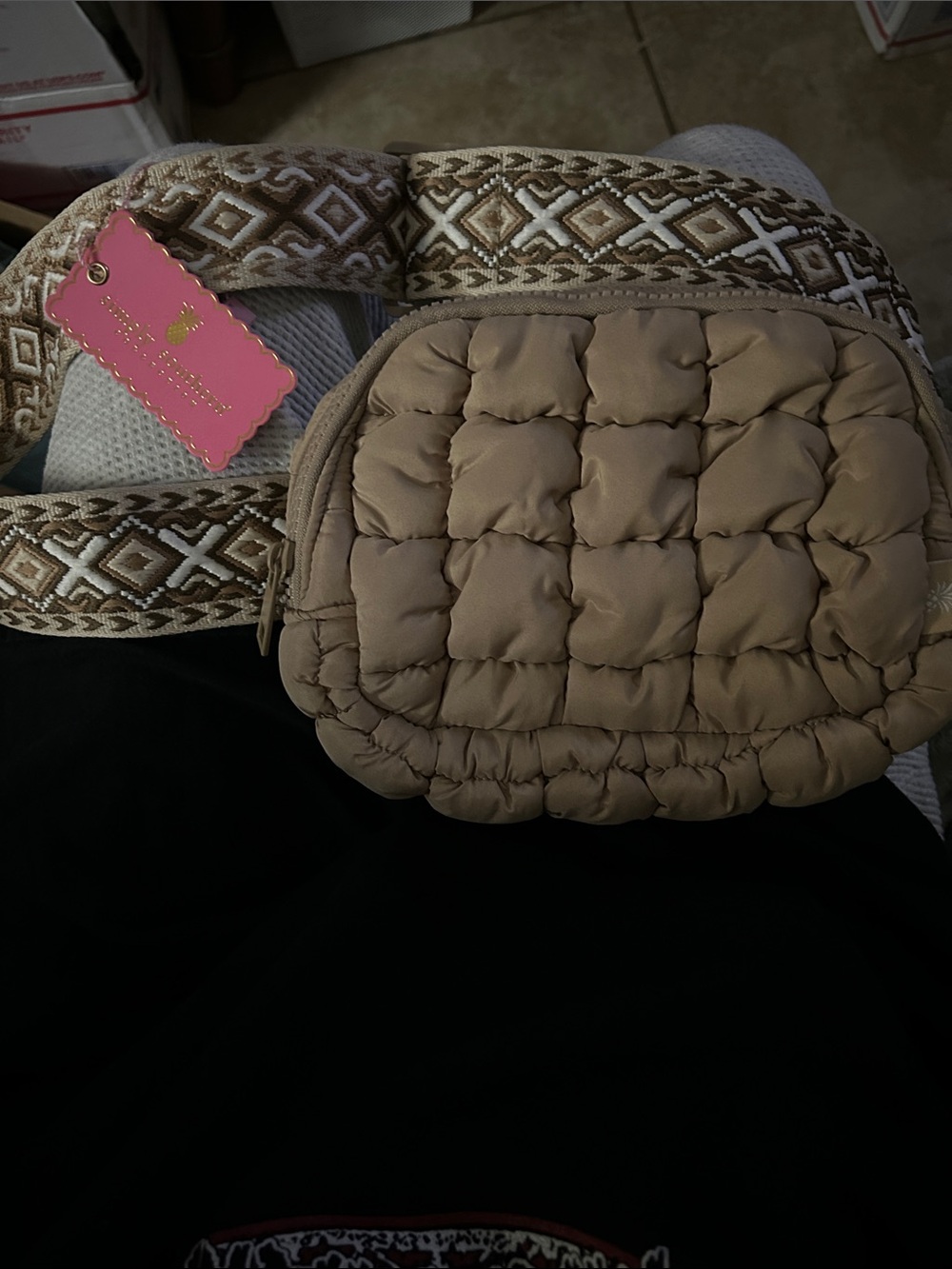 Simply Southern Taupe Quilted Crossbody with Geometric Strap